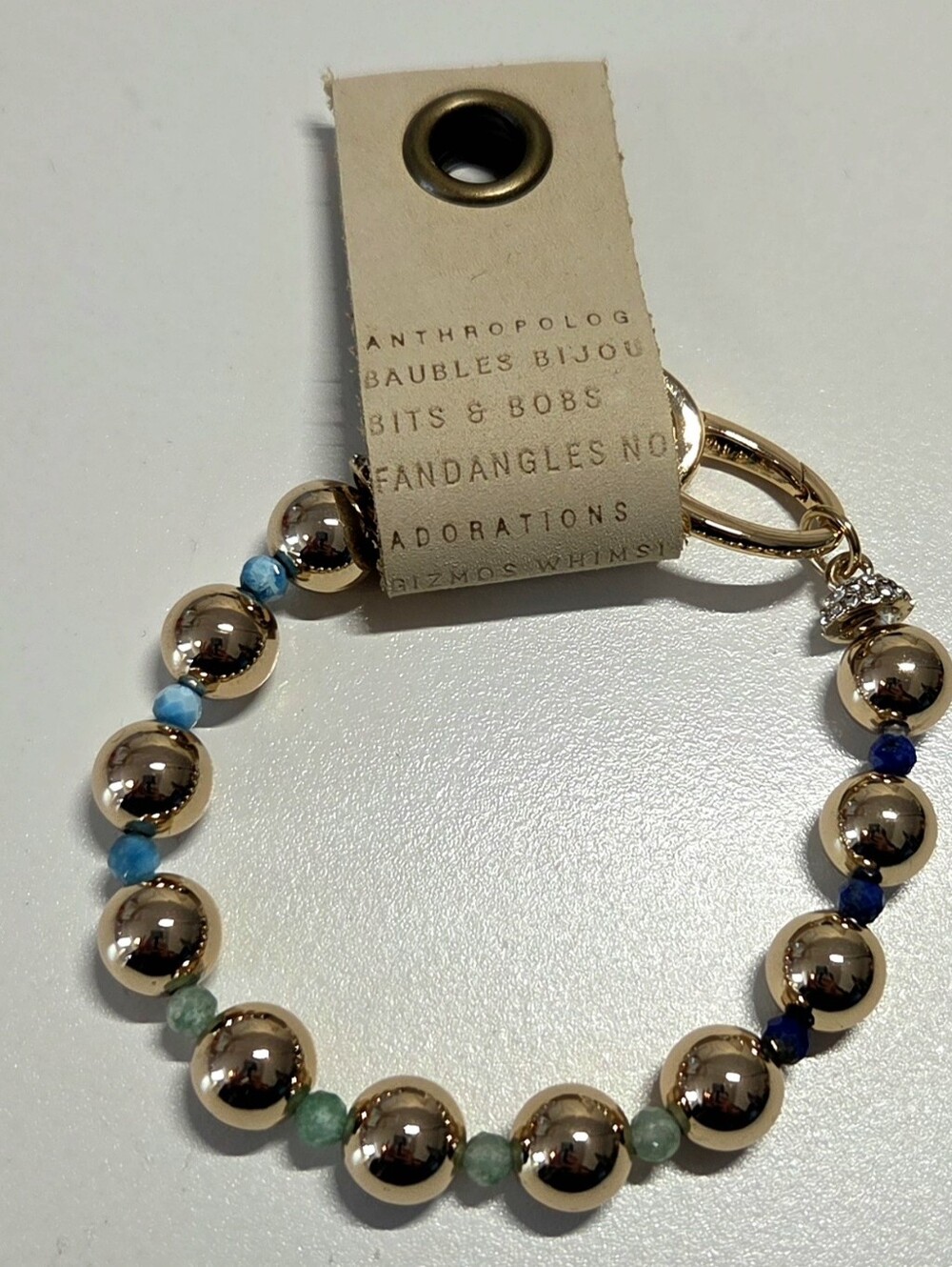 Anthropologie Gold Bead Bracelet with Blue and Green Accents